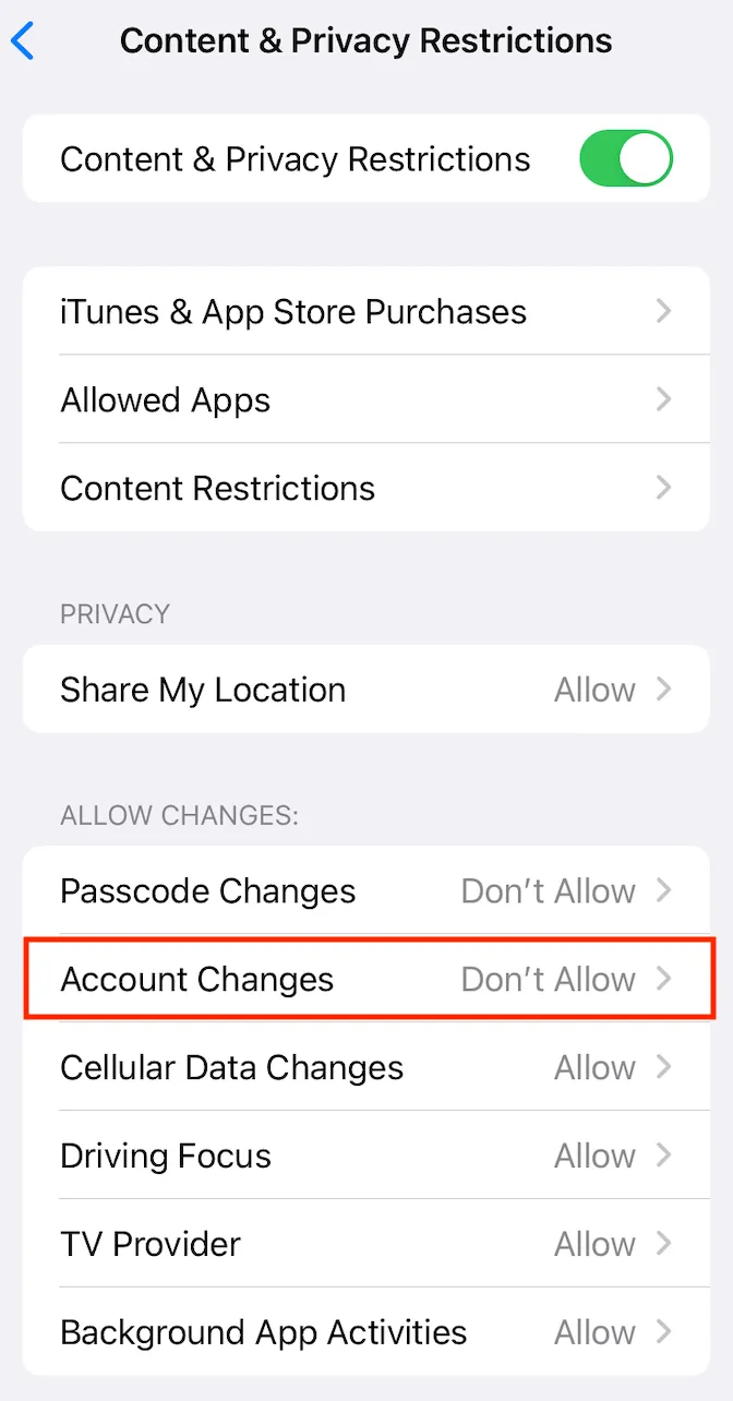 Don't Allow Account Changes”